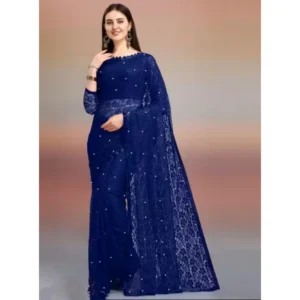 Generic Women's Net Self Design Saree With Unstitched Blouse 5.5Mtrย (Navy Blue)