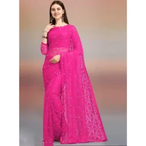 Generic Women's Net Self Design Saree With Unstitched Blouse 5.5Mtrย (Rani)