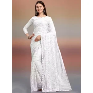 Generic Women's Net Self Design Saree With Unstitched Blouse 5.5Mtrย (White)