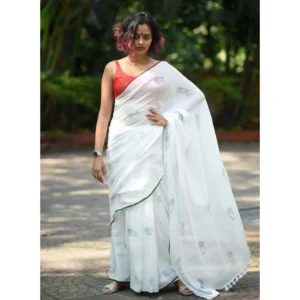 Generic Women's Linen Printed Saree With Unstitched Blouse 5.5Mtrย (White)