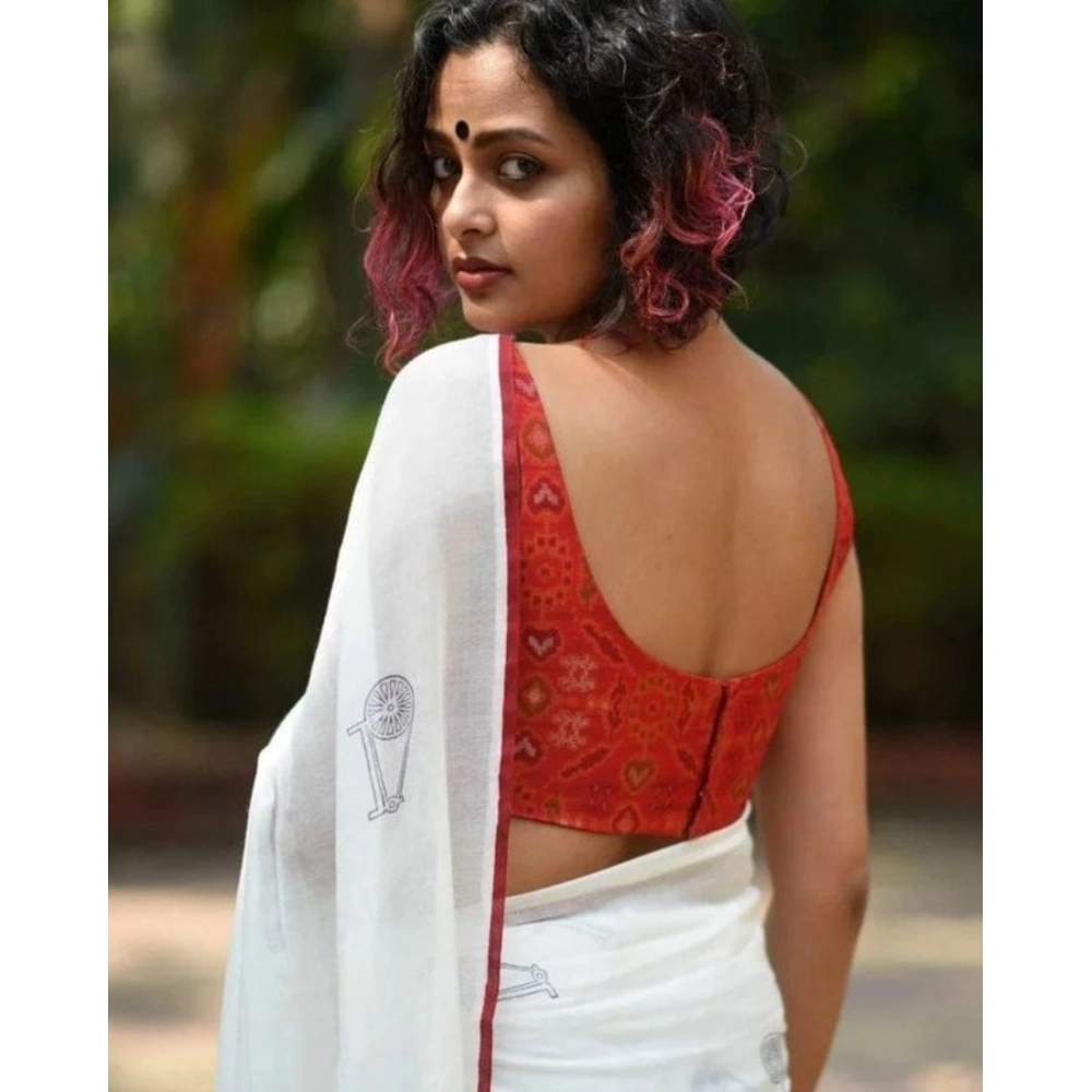 Generic Women's Linen Printed Saree With Unstitched Blouse 5.5Mtr (White) - Image 3