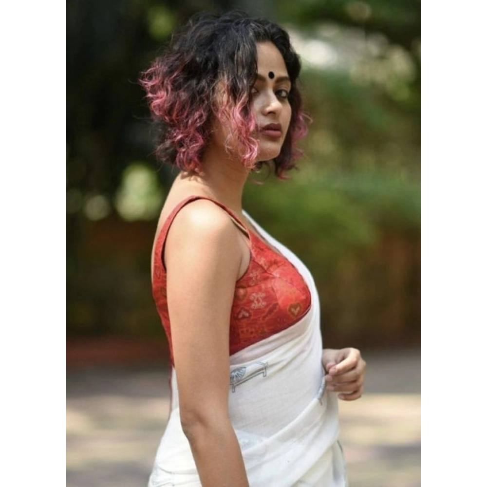 Generic Women's Linen Printed Saree With Unstitched Blouse 5.5Mtr (White) - Image 2