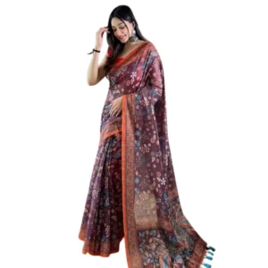 Generic Women's Linen Printed Saree With Unstitched Blouse 5.5Mtrย (Brown)