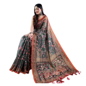 Generic Women's Linen Printed Saree With Unstitched Blouse 5.5Mtrย (Green)