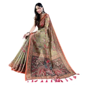 Generic Women's Linen Printed Saree With Unstitched Blouse 5.5Mtrย (Sea Green)