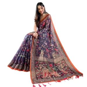 Generic Women's Linen Printed Saree With Unstitched Blouse 5.5Mtrย (Blue)