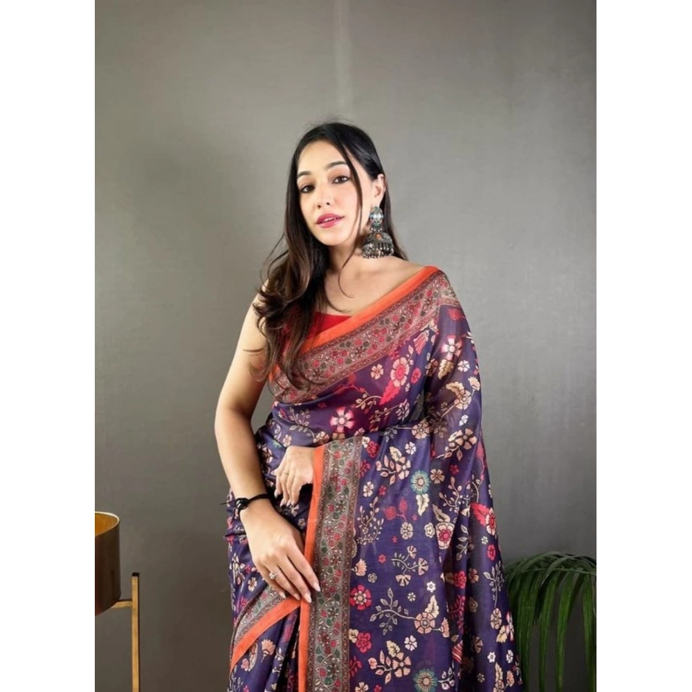 Generic Women's Linen Printed Saree With Unstitched Blouse 5.5Mtr (Blue) - Image 2