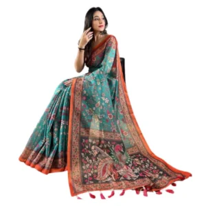 Generic Women's Linen Printed Saree With Unstitched Blouse 5.5Mtrย (Olive)
