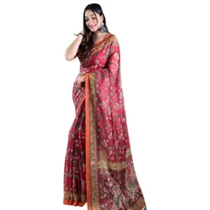 Generic Women's Linen Printed Saree With Unstitched Blouse 5.5Mtrย (Red)