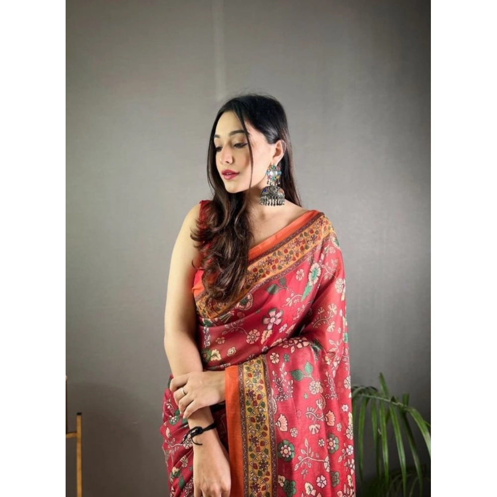 Generic Women's Linen Printed Saree With Unstitched Blouse 5.5Mtr (Red) - Image 2