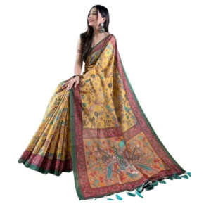 Generic Women's Linen Printed Saree With Unstitched Blouse 5.5Mtrย (Yellow)