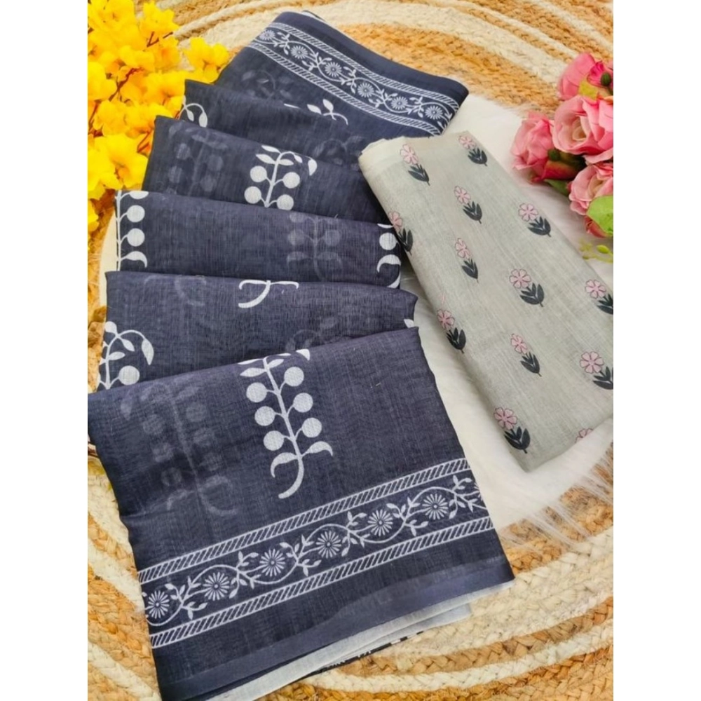 Generic Women's Linen Printed Saree With Unstitched Blouse 5.5Mtr (Grey) - Image 3