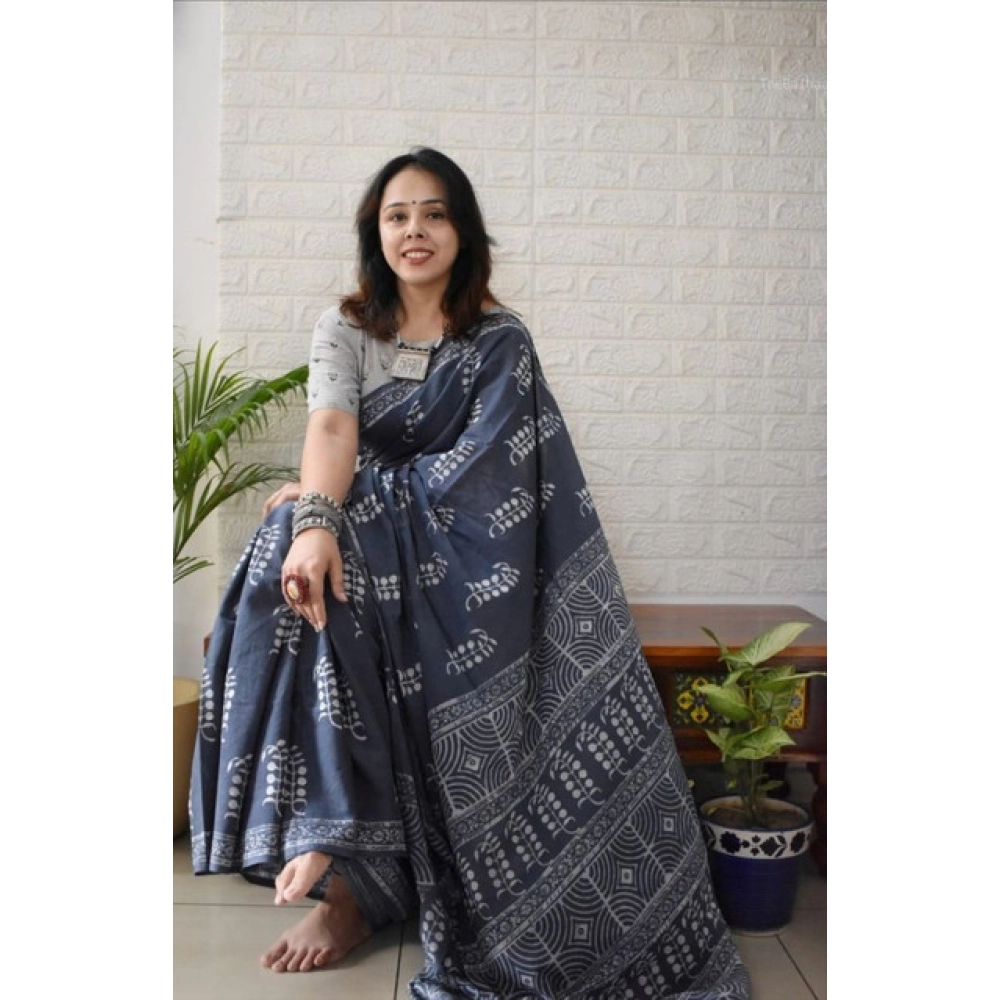 Generic Women's Linen Printed Saree With Unstitched Blouse 5.5Mtr (Grey) - Image 2