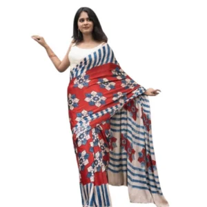 Generic Women's Linen Printed Saree With Unstitched Blouse 5.5Mtrย (Red)