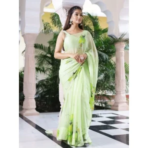 Generic Women's Linen Printed Saree With Unstitched Blouse 5.5Mtrย (Green)