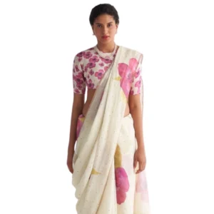 Generic Women's Linen Printed Saree With Unstitched Blouse 5.5Mtrย (White)