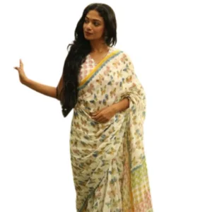 Generic Women's Linen Printed Saree With Unstitched Blouse 5.5Mtrย (White)