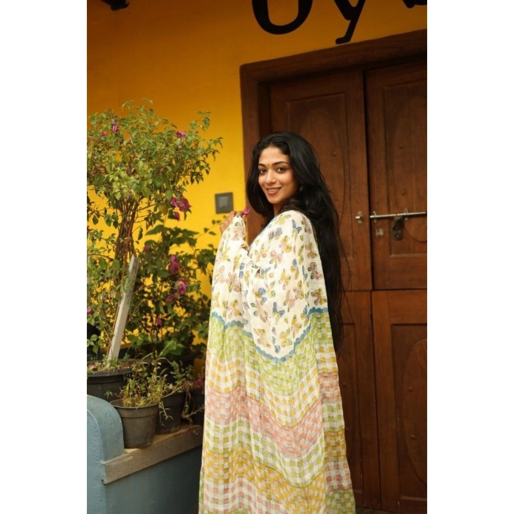 Generic Women's Linen Printed Saree With Unstitched Blouse 5.5Mtr (White) - Image 2