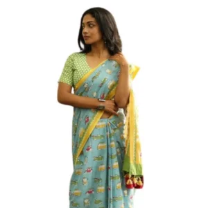 Generic Women's Linen Printed Saree With Unstitched Blouse 5.5Mtrย (Blue)