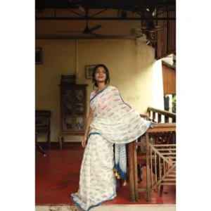 Generic Women's Linen Printed Saree With Unstitched Blouse 5.5Mtrย (White)