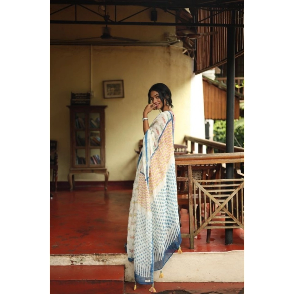 Generic Women's Linen Printed Saree With Unstitched Blouse 5.5Mtr (White) - Image 3