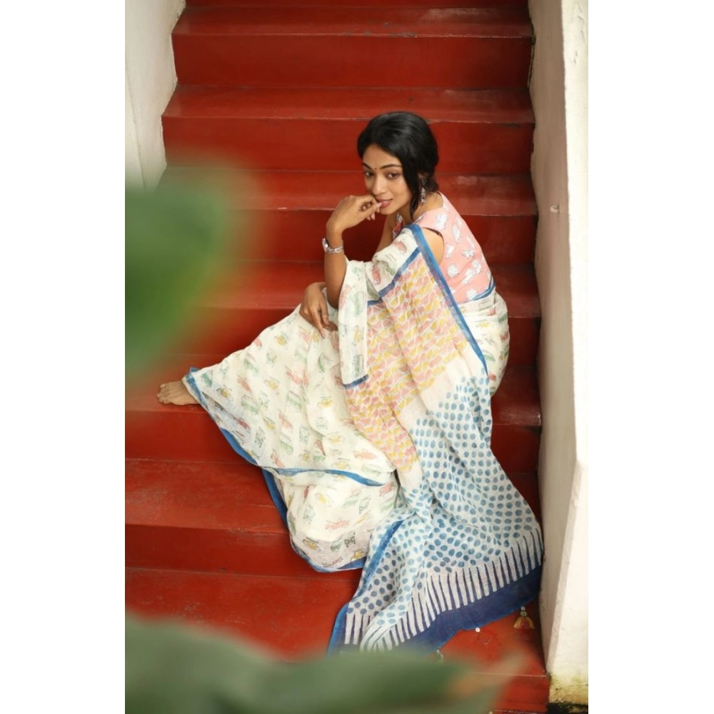 Generic Women's Linen Printed Saree With Unstitched Blouse 5.5Mtr (White) - Image 2