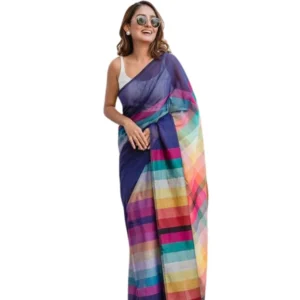 Generic Women's Linen Printed Saree With Unstitched Blouse 5.5Mtrย (Navy)