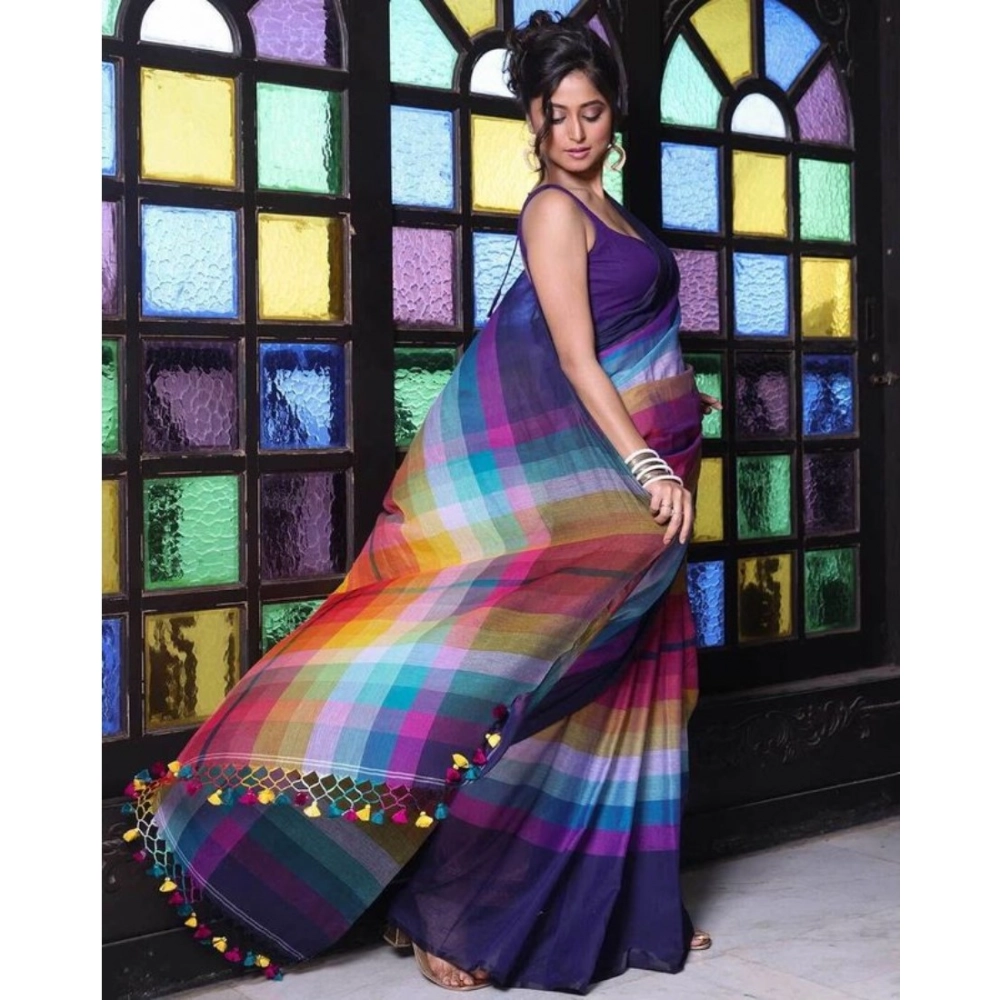 Generic Women's Linen Printed Saree With Unstitched Blouse 5.5Mtr (Navy) - Image 4