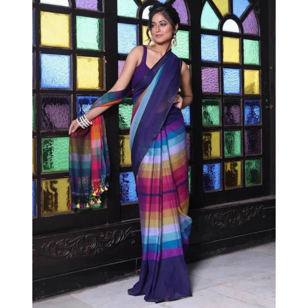 Generic Women's Linen Printed Saree With Unstitched Blouse 5.5Mtr (Navy) - Image 3