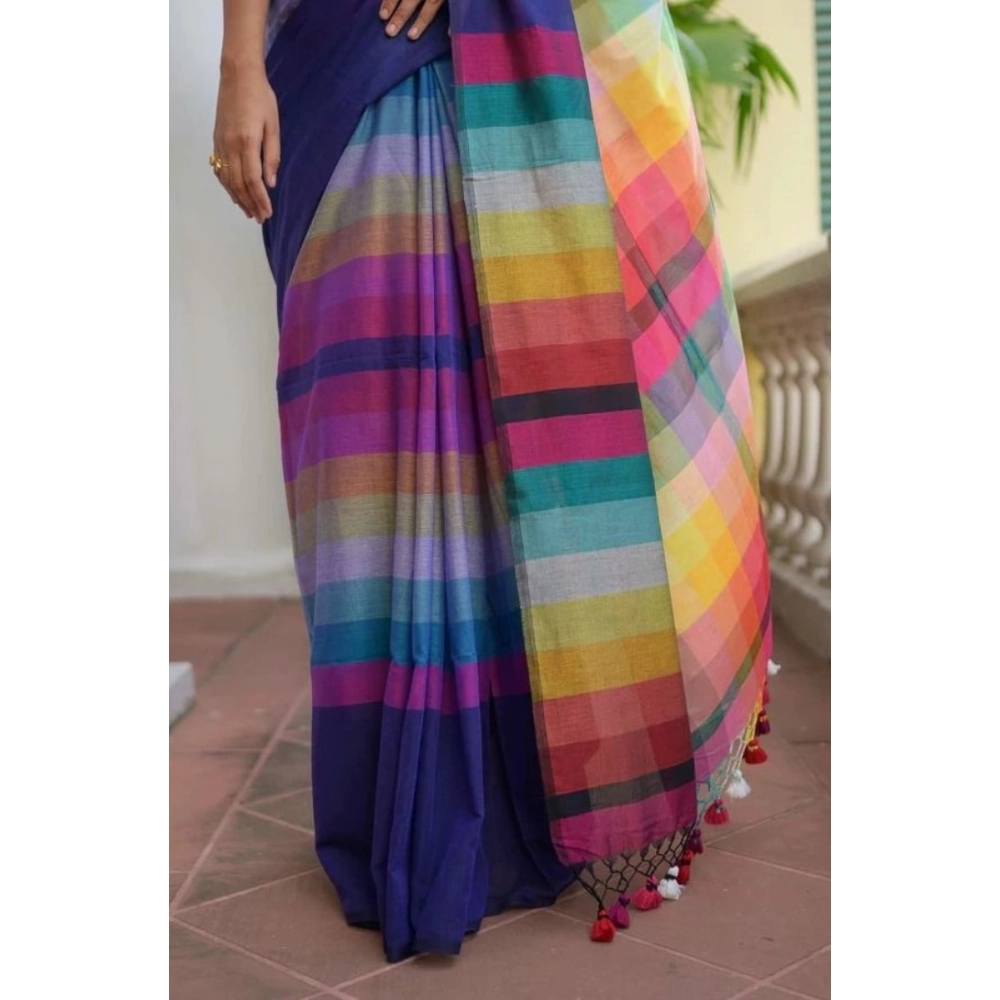 Generic Women's Linen Printed Saree With Unstitched Blouse 5.5Mtr (Navy) - Image 2