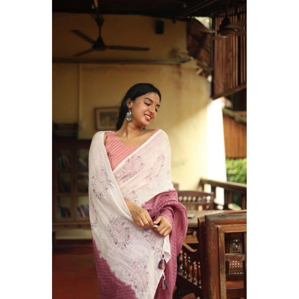 Generic Women's Linen Printed Saree With Unstitched Blouse 5.5Mtr (White) - Image 2