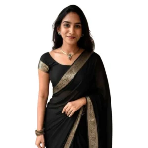 Generic Women's Vichitra Silk Printed Saree With Unstitched Blouse 5.5Mtrย (Black)