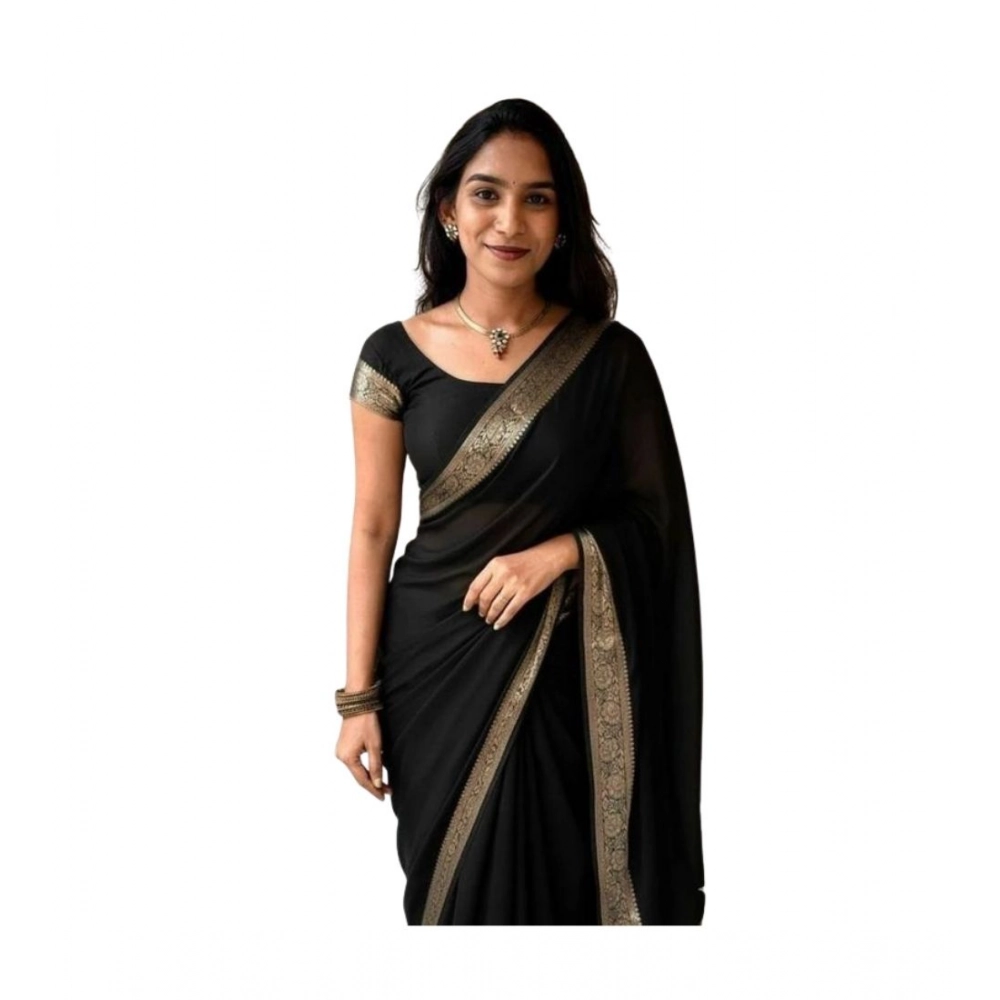 Generic Women's Vichitra Silk Printed Saree With Unstitched Blouse 5.5Mtr (Black) - Image 2