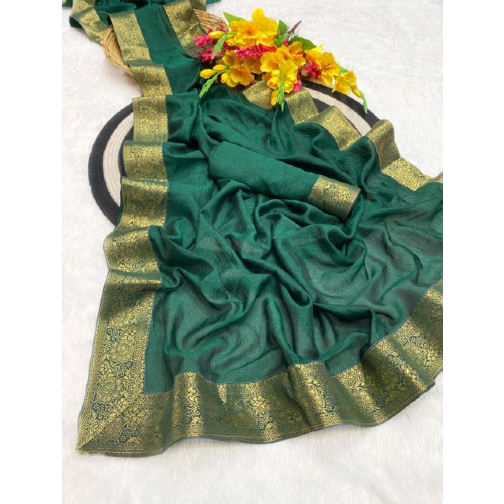 Generic Women's Vichitra Silk Printed Saree With Unstitched Blouse 5.5Mtr (Green) - Image 2