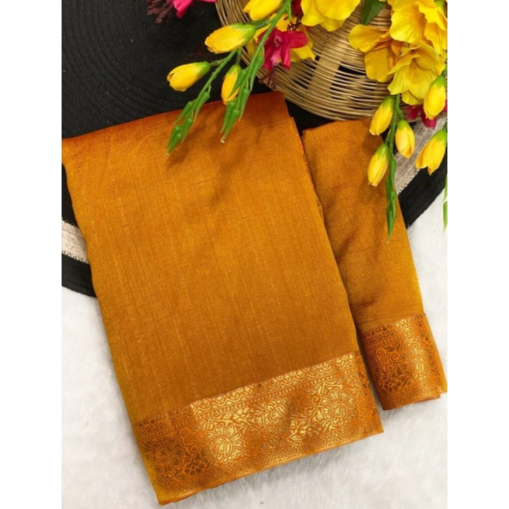 Generic Women's Vichitra Silk Printed Saree With Unstitched Blouse 5.5Mtr (Mustard)