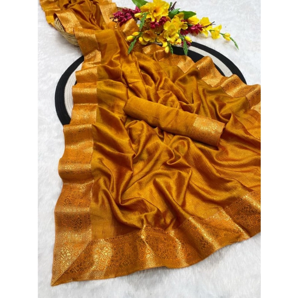 Generic Women's Vichitra Silk Printed Saree With Unstitched Blouse 5.5Mtr (Mustard) - Image 2