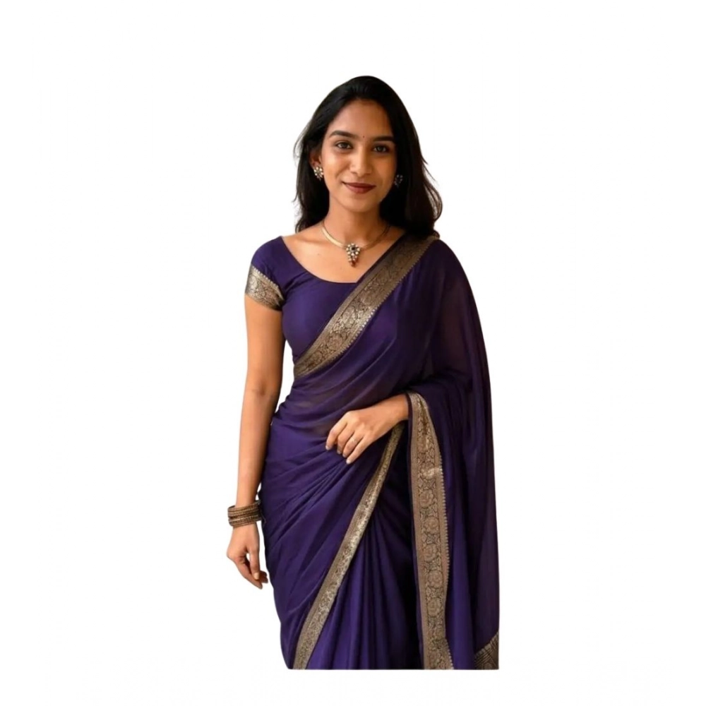 Generic Women's Vichitra Silk Printed Saree With Unstitched Blouse 5.5Mtr (Purple) - Image 2