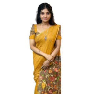 Generic Women's Linen Printed Saree With Unstitched Blouse 5.5Mtrย (Mustard)