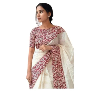 Generic Women's Linen Printed Saree With Unstitched Blouse 5.5Mtrย (White)