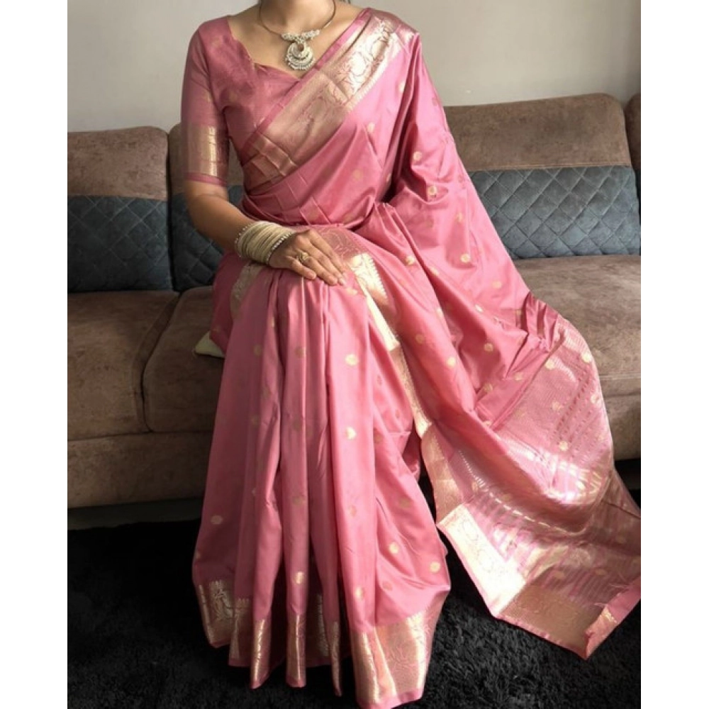 Generic Women's Satin Printed Saree With Unstitched Blouse 5.5Mtr (Pink) - Image 4
