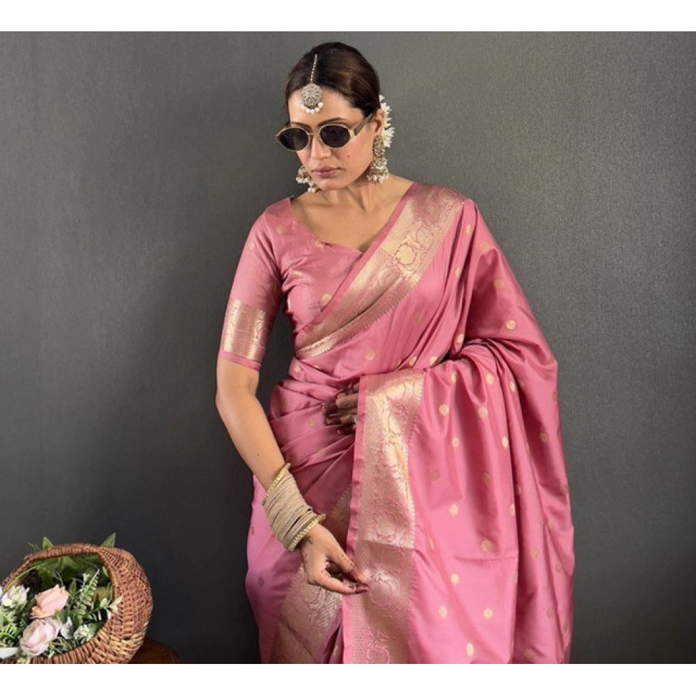 Generic Women's Satin Printed Saree With Unstitched Blouse 5.5Mtr (Pink) - Image 2