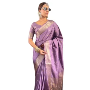 Generic Women's Satin Printed Saree With Unstitched Blouse 5.5Mtrย (Purple)