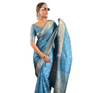 Generic Women's Satin Printed Saree With Unstitched Blouse 5.5Mtrย (light Blue)