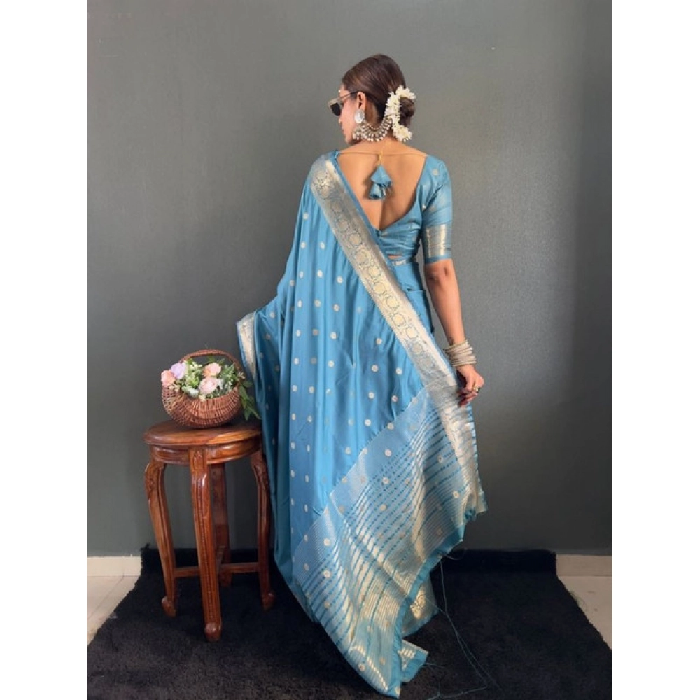 Generic Women's Satin Printed Saree With Unstitched Blouse 5.5Mtr (light Blue) - Image 5