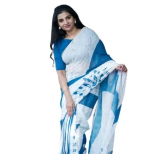 Generic Women's Linen Printed Saree With Unstitched Blouse 5.5Mtrย (White)