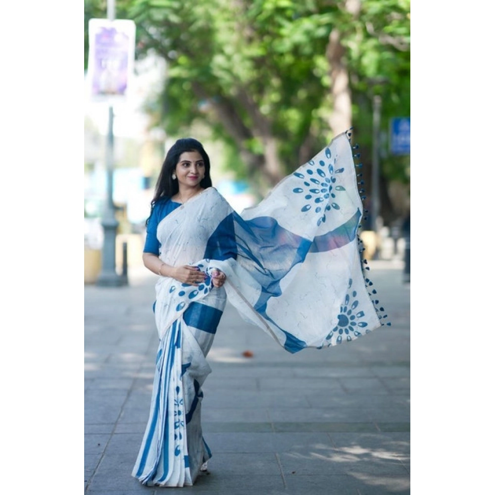 Generic Women's Linen Printed Saree With Unstitched Blouse 5.5Mtr (White) - Image 4