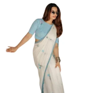 Generic Women's Linen Printed Saree With Unstitched Blouse 5.5Mtrย (White)