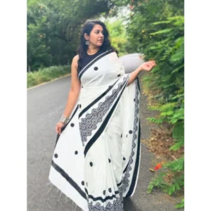 Generic Women's Linen Printed Saree With Unstitched Blouse 5.5Mtrย (White)