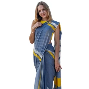 Generic Women's Linen Printed Saree With Unstitched Blouse 5.5Mtrย (Blue)