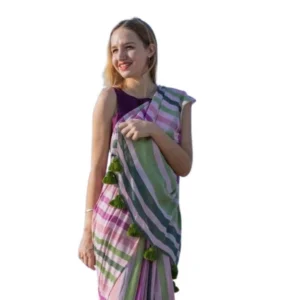 Generic Women's Linen Printed Saree With Unstitched Blouse 5.5Mtrย (Pink)